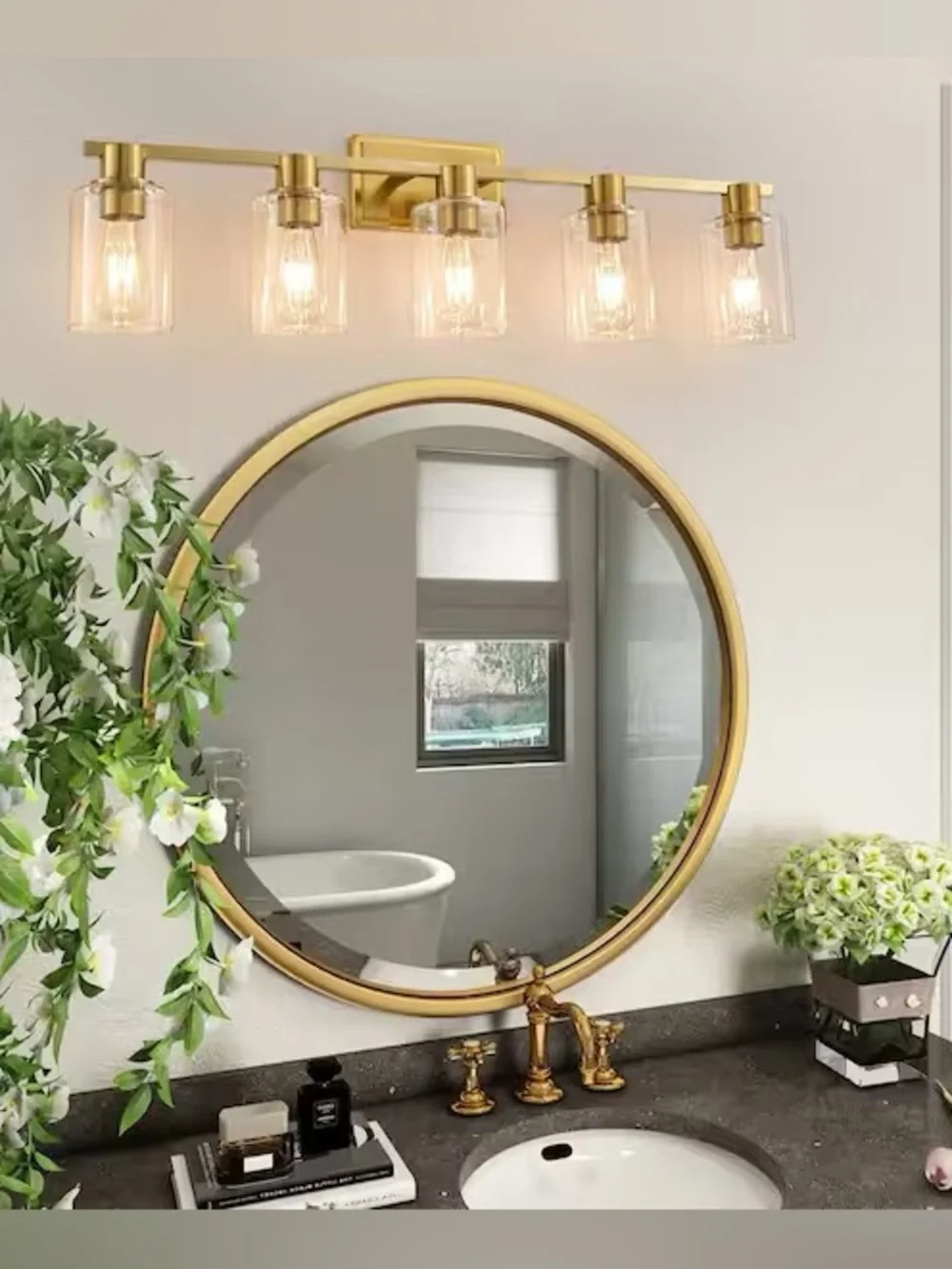 Gold Finish 5-Light Vanity Wall Sconce - Modern Glass Shade Bathroom Lighting